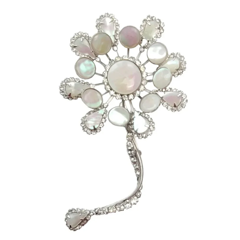 Hattie Carnegie Silvertone Statement Mother Of Pearl Clear Rhinestone Flower Pin